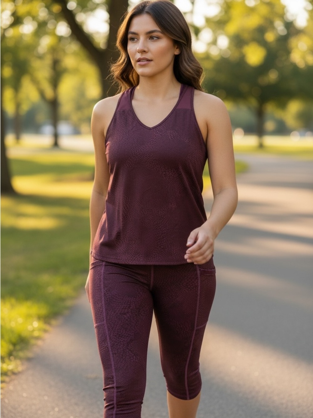 H by Halston Plum Textured Active Tank and Capri Set